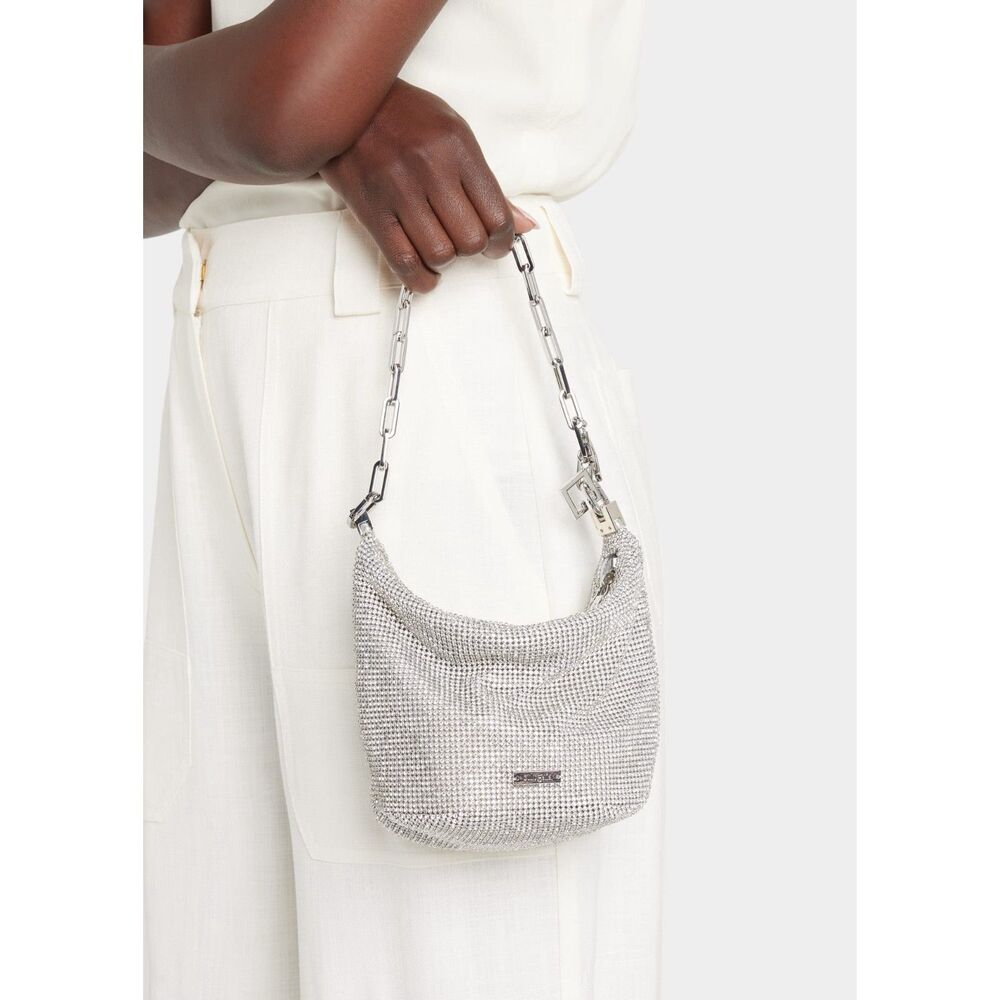 NWT Cult Gaia Gia Allover Crystal Zip Shoulder Bag in Silver